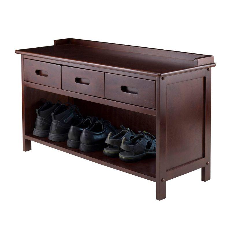 Transitional Walnut Storage Bench with 3 Black Fabric Baskets