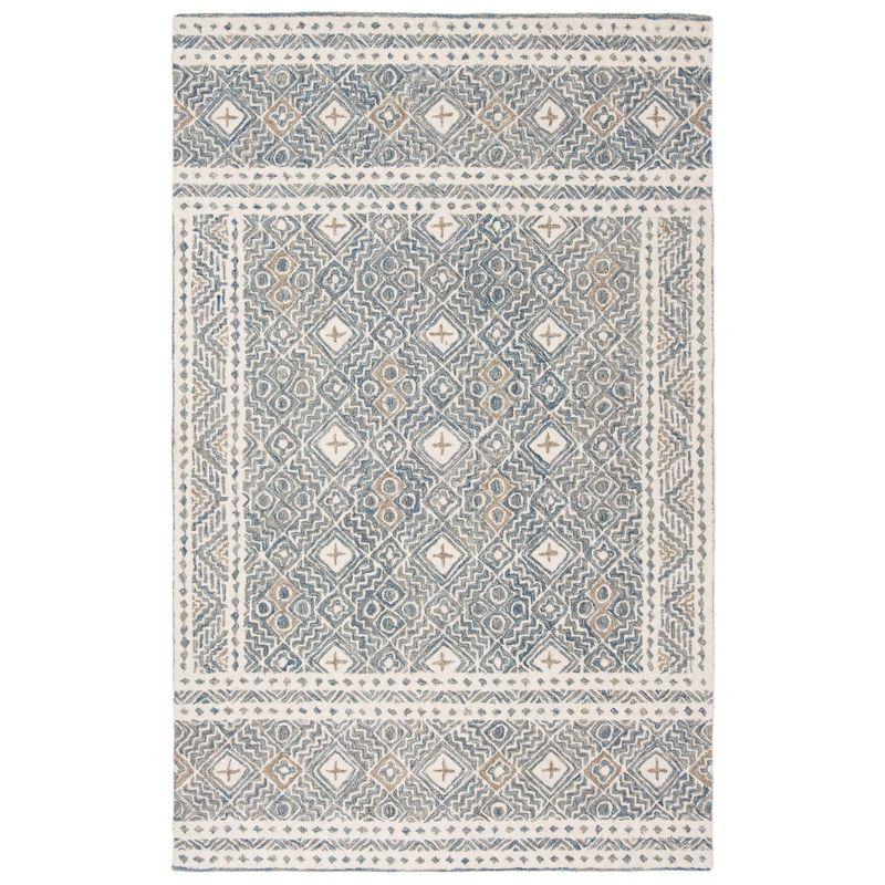 Ivory and Blue Handmade Wool Tufted Area Rug, 5' x 8'