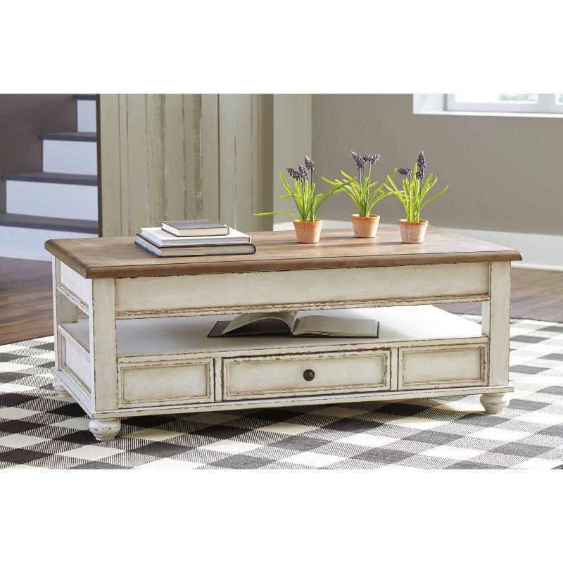 Realyn Coffee Table with Lift Top White/Brown - Signature Design by Ashley: Mid-Century Style, Storage, Wood Legs