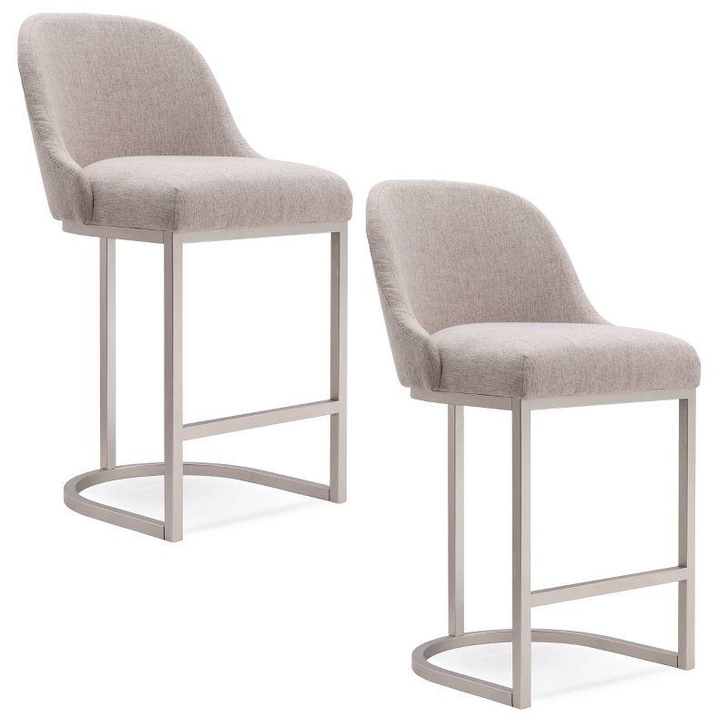 Set of 2 Barrelback Counter Height Barstool with Metal Base Pewter/Oatmeal Linen - Leick Home: Upholstered, Modern Design, Steel Frame