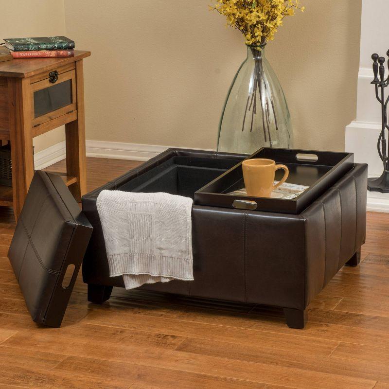 Mansfield Faux Leather Tray Top Storage Ottoman - Brown - Christopher Knight Home: Square Upholstered Bench with Wood Frame