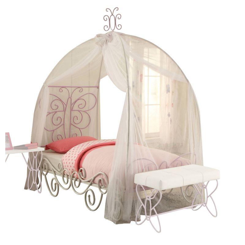 85" Twin Bed White Light Purple - Acme Furniture: Butterfly Headboard, Canopy Curtains, Chrome Frame