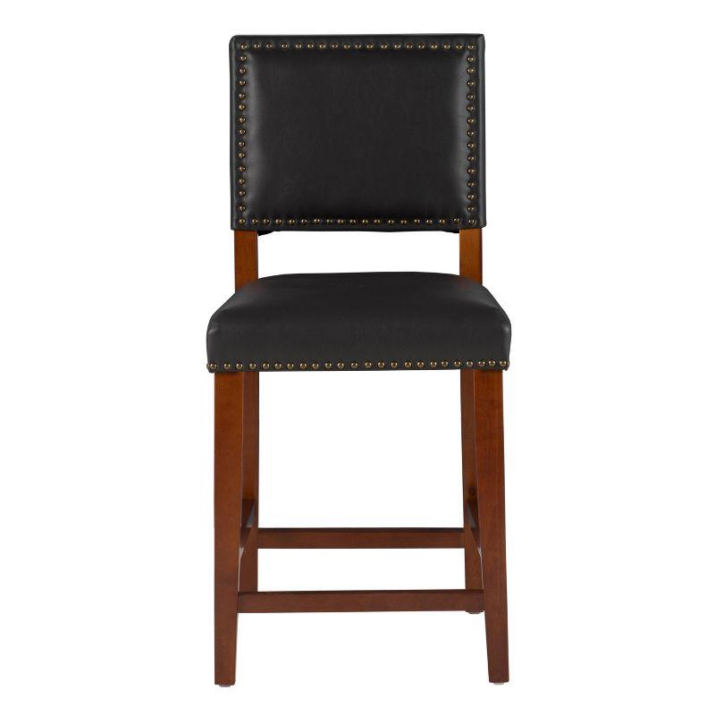 24" Brook Padded Back Faux Leather Nailhead Counter Height Barstool Black - Linon: Cherry-Stained Legs, Footrails