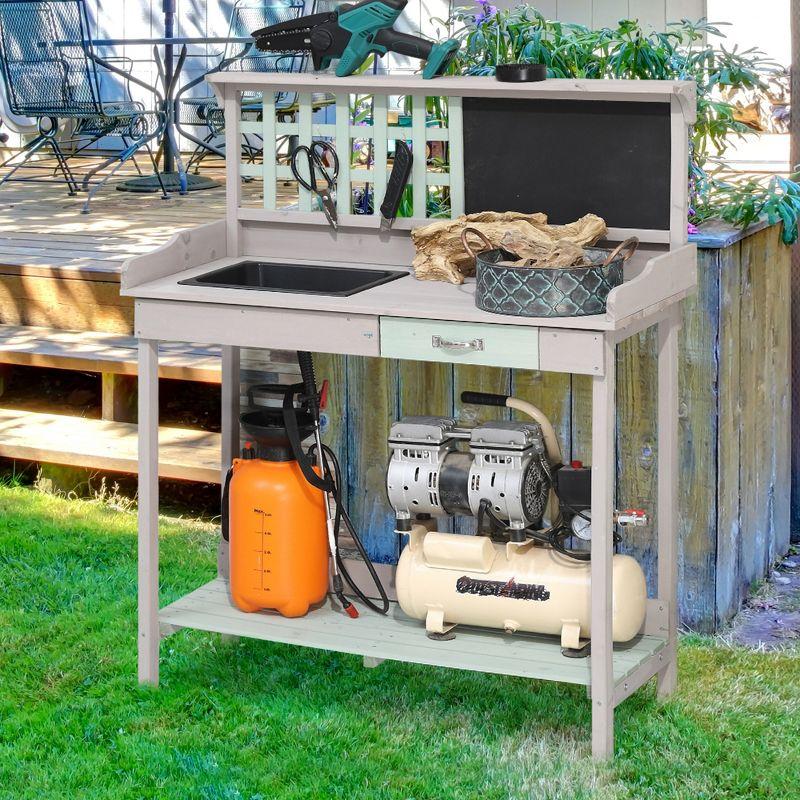 Light Gray Fir Wood Outdoor Potting Bench with Removable Sink