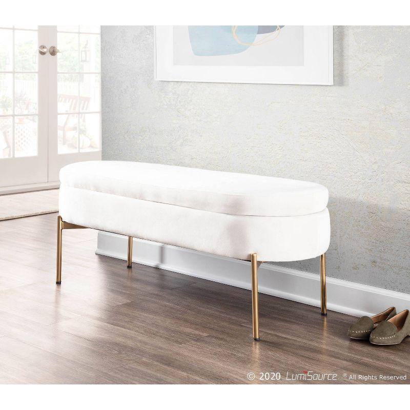 48" Chloe Contemporary Upholstered Storage Bench Gold/Cream - LumiSource: Velvet Seating, Metal Base