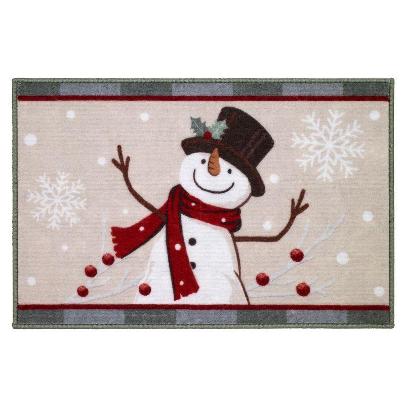 Snowman Beige and Green Cotton Christmas Bath Rug