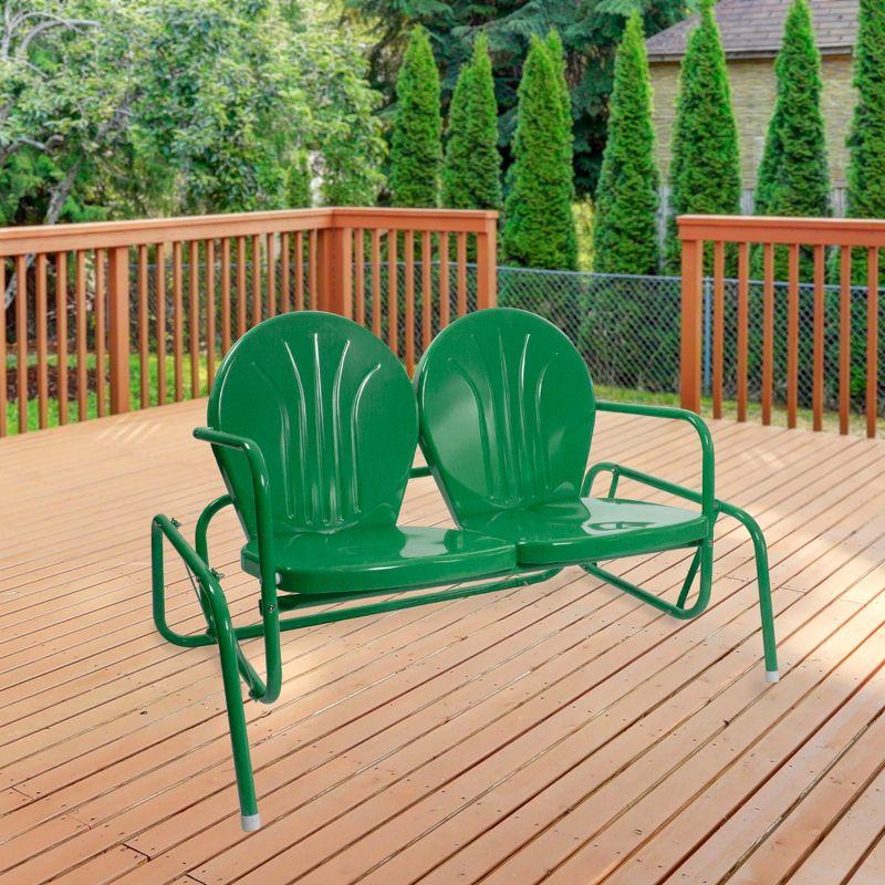 Green Retro Metal Double Glider Patio Chair with Powder-Coated Finish