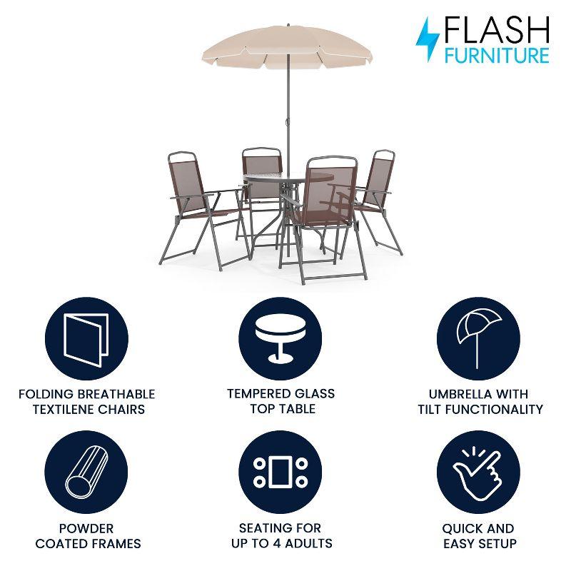 Flash Furniture Nantucket 6 Piece Patio Garden Set with Table, Umbrella and 4 Folding Chairs