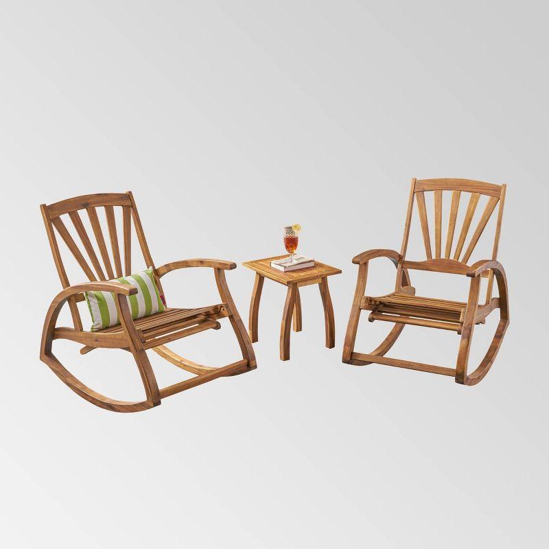 Sunview 3pc Acacia Wood Recliner Rocking Chair Set - Teak - Christopher Knight Home: Weather-Resistant Patio Set