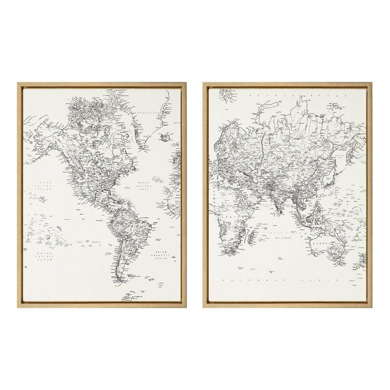 Black and White Modern Retro World Map Framed Canvas Set