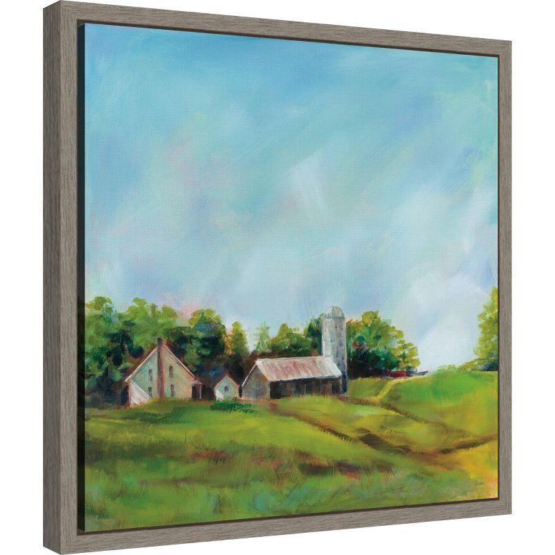 Azure Sky Farmhouse Landscape Canvas Print in Gray Frame