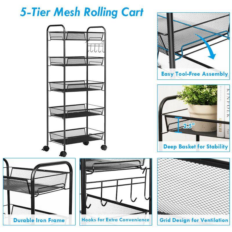 Costway 5 Tier Storage Rack Trolley Cart Home Kitchen Organizer Utility Baskets Black