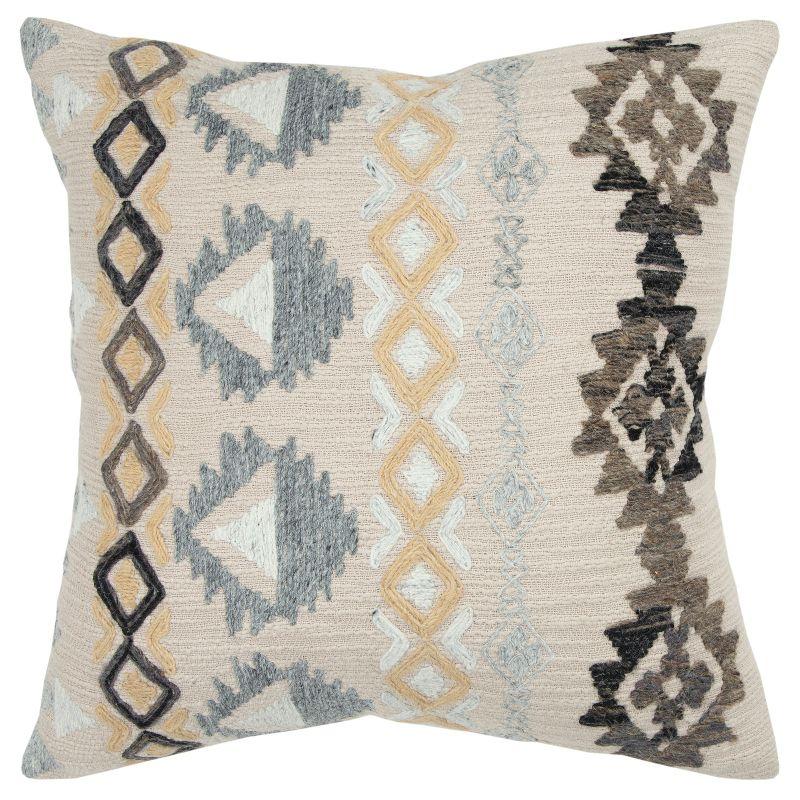 24" Beige and Gray Embroidered Cotton Square Throw Pillow