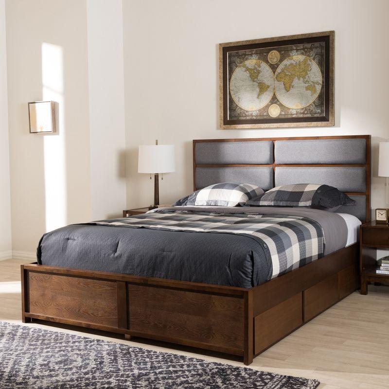 Walnut and Gray Upholstered Queen Storage Platform Bed with Drawers