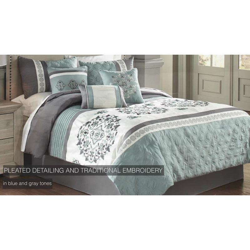 Riverbrook Home 7pc King Alex Comforter Set Blue & Gray : Polyester Medallion Pattern, Pleated & Quilted Design, Machine Washable