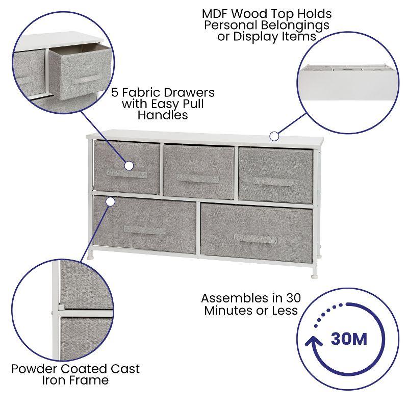 Flash Furniture 5 Drawer Wood Top White Cast Iron Frame Vertical Storage Dresser with Light Gray Easy Pull Fabric Drawers