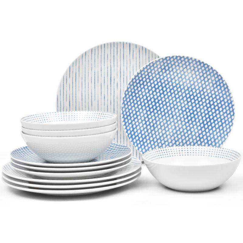 Blue and White Porcelain 12-Piece Dinnerware Set, Service for 4