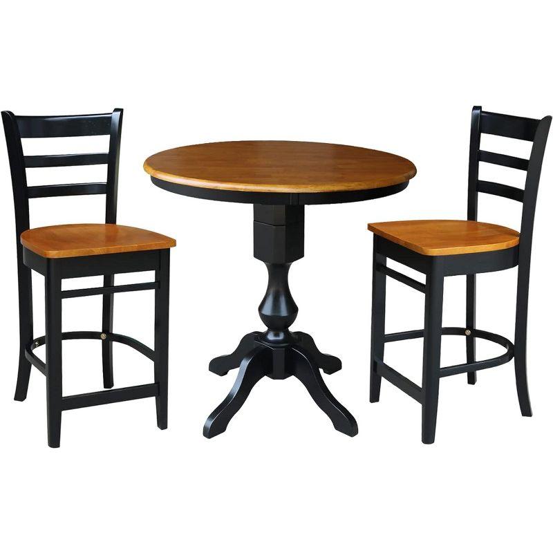 International Concepts 36 inches Round Pedestal Counter Height Table with 2 Emily Counter Height Stools - 3 Piece Set