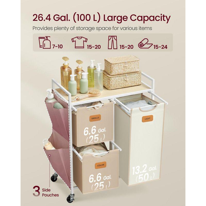 VASAGLE Laundry Hamper with 3 Compartments, 26.4 Gal. (100 L) Laundry Sorter, Rolling Laundry Cart with Shelves, Camel Brown and Cream White