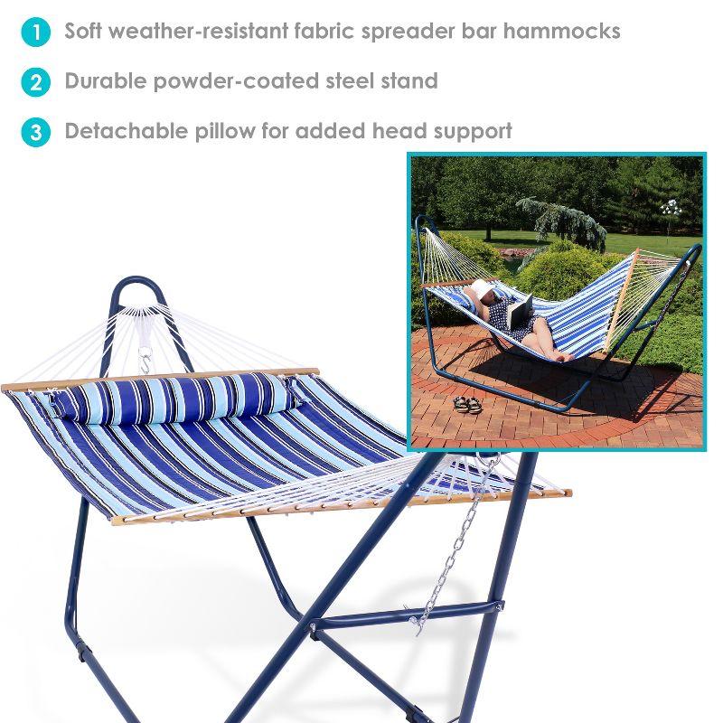 Sunnydaze Outdoor 2-Person Double Polyester Quilted Hammock with Wood Spreader Bar and Matte Blue Steel Multi-Use Stand - Catalina Beach