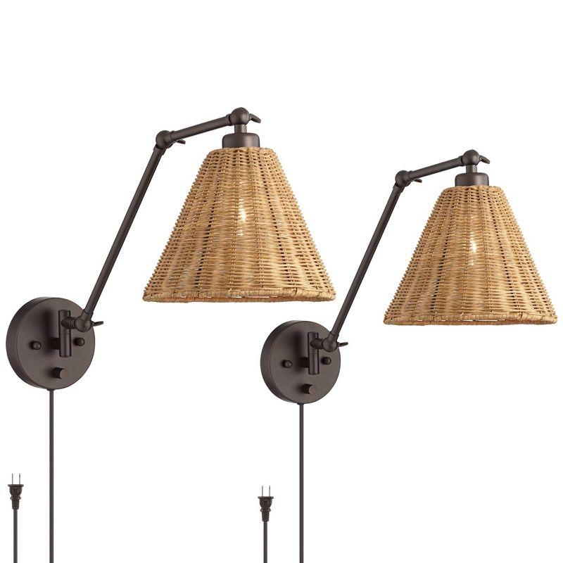 Bronze Mid Century Modern Swing Arm Wall Lamp with Natural Rattan Shade