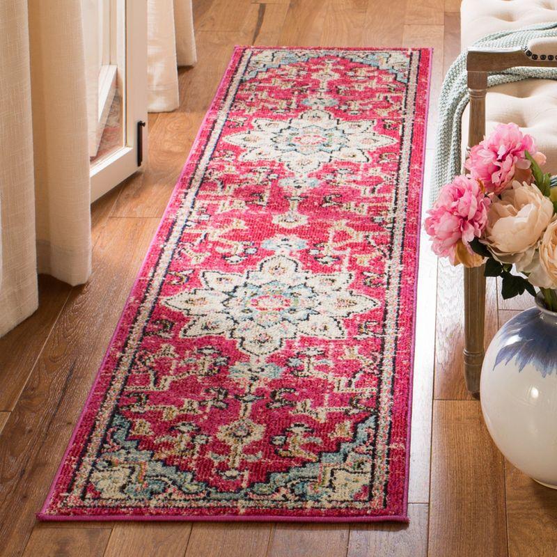 Fuchsia and Blue Distressed Medallion 26'' Synthetic Runner Rug