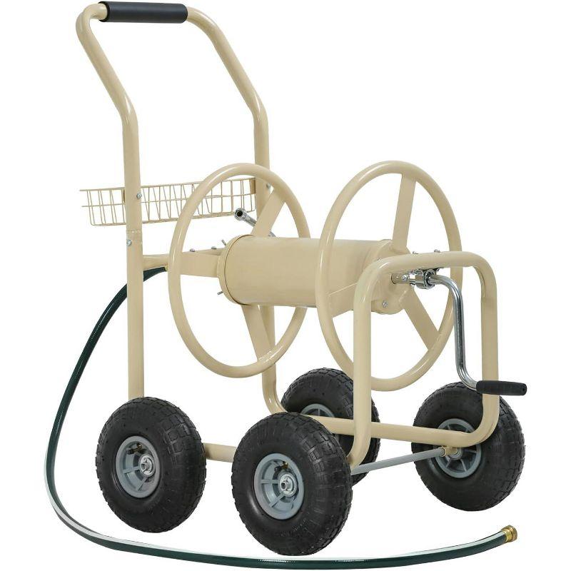 Tan Heavy Duty Metal Outdoor Hose Reel Cart with Storage Basket