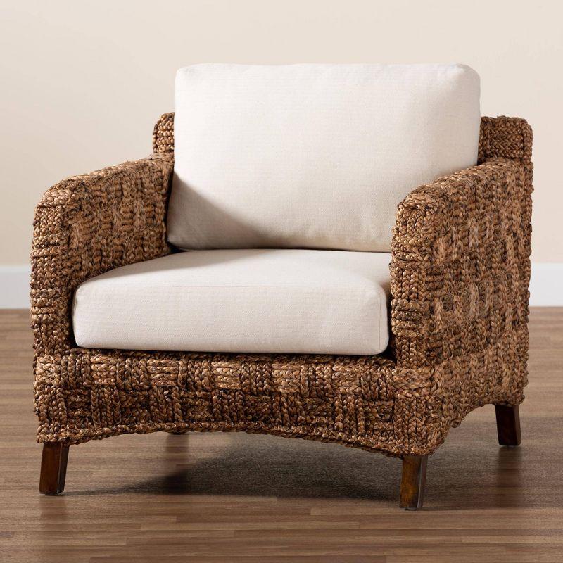 bali & pari Vevina Mahogany Wood and Woven Seagrass Arm Chair White/Natural Brown/Dark Brown: Polyester Upholstery, No Assembly Required