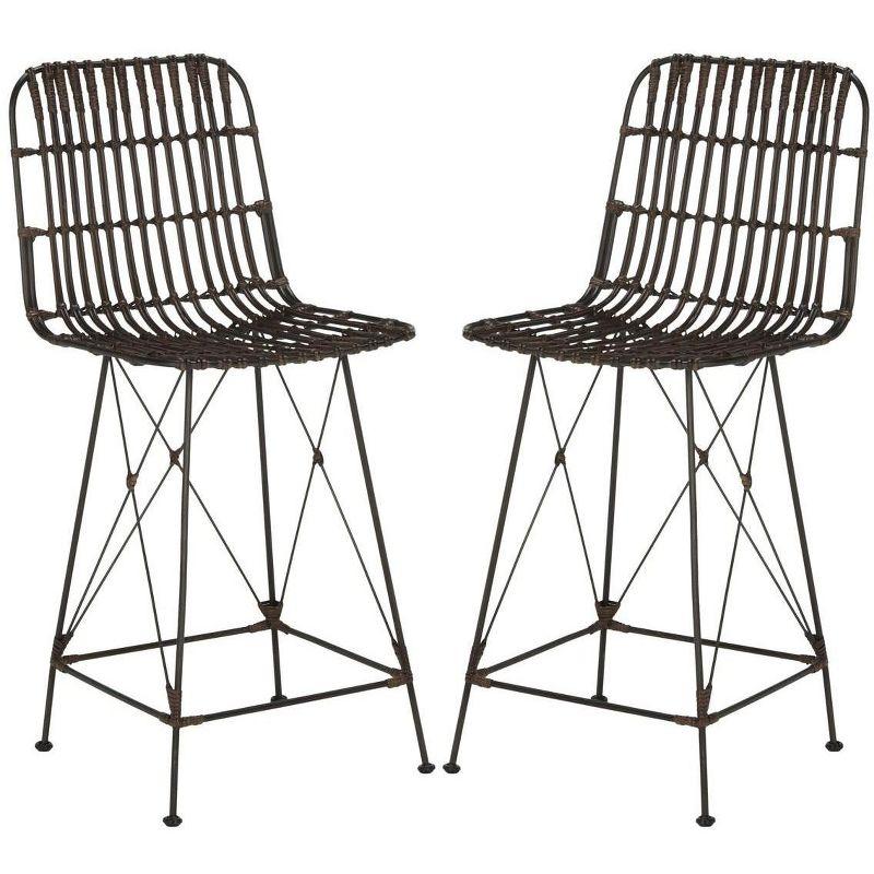 Minerva Wicker Counter Stool (Set of 2) - WIK6509 - Brown/Black - Safavieh