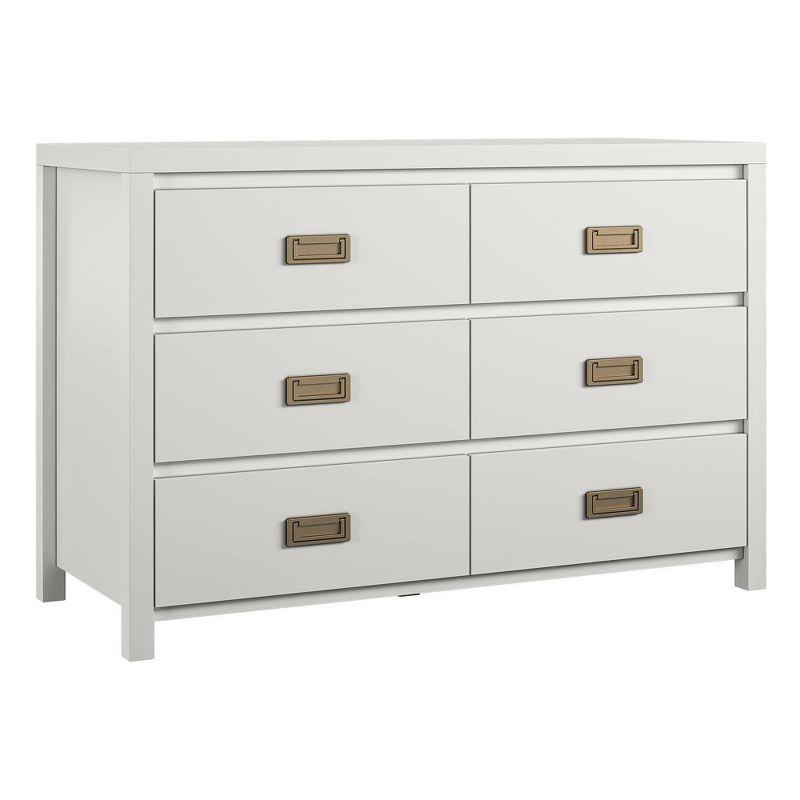 White Campaign Style 6-Drawer Dresser with Gold Pulls