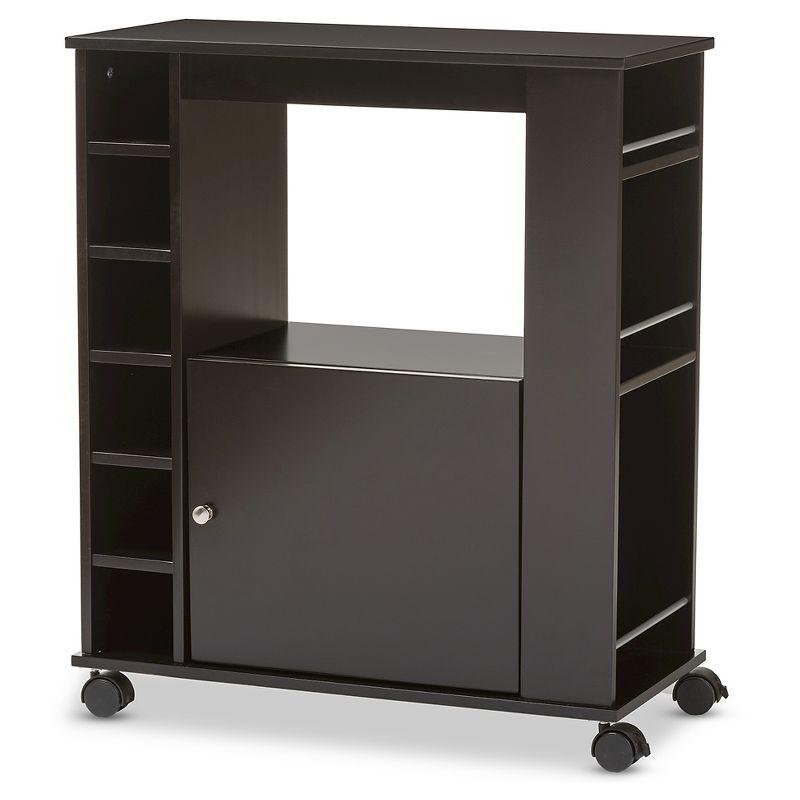 Dark Brown Rubberwood Mobile Wine Bar Cabinet with Storage