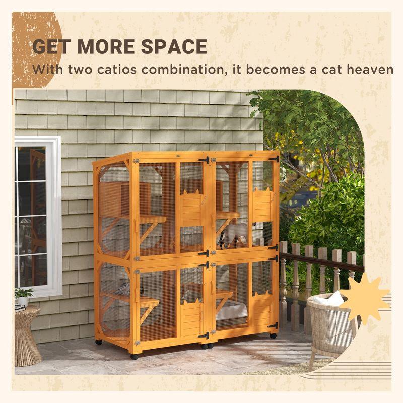 PawHut Catio Outdoor, Large Cat Enclosure, Wooden Kitten House, Elevated Design, with Wheels, Water-Resistant, Multi Platforms, for 1-3 Cats, Orange