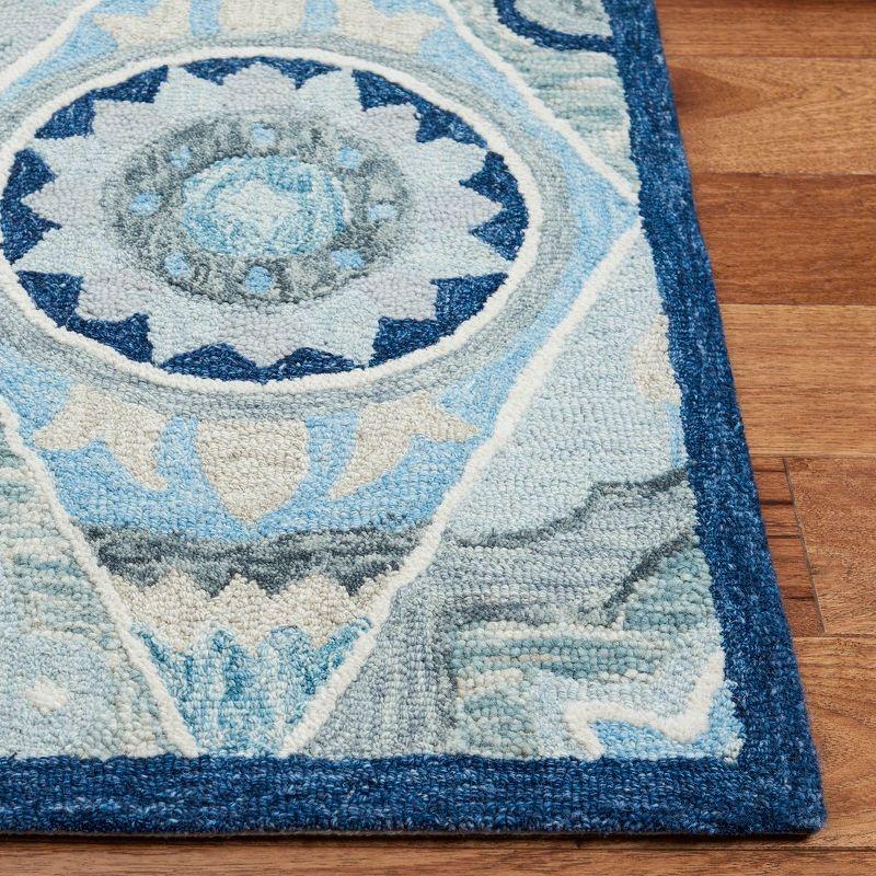 Ivory and Blue Floral Wool Handmade Square Rug