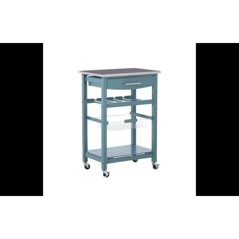 Clarke Blue Wood Kitchen Cart Stainless Steel Top Basket & Drawer Wine Storage Rack - Linon