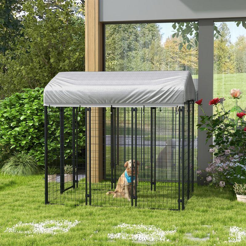 Pawhut Large Outdoor Dog Kennel Steel Fence with UV-Resistant Oxford Cloth Roof & Secure Lock