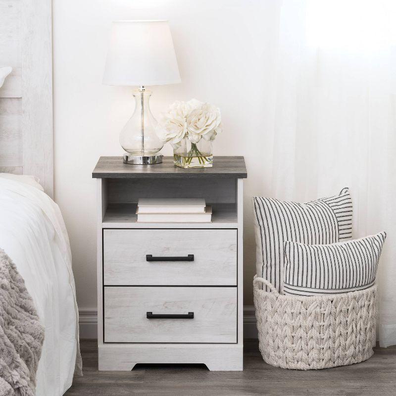 Prepac Rustic Ridge Farmhouse Nightstand with 2 Drawers and Open Cubby Washed White