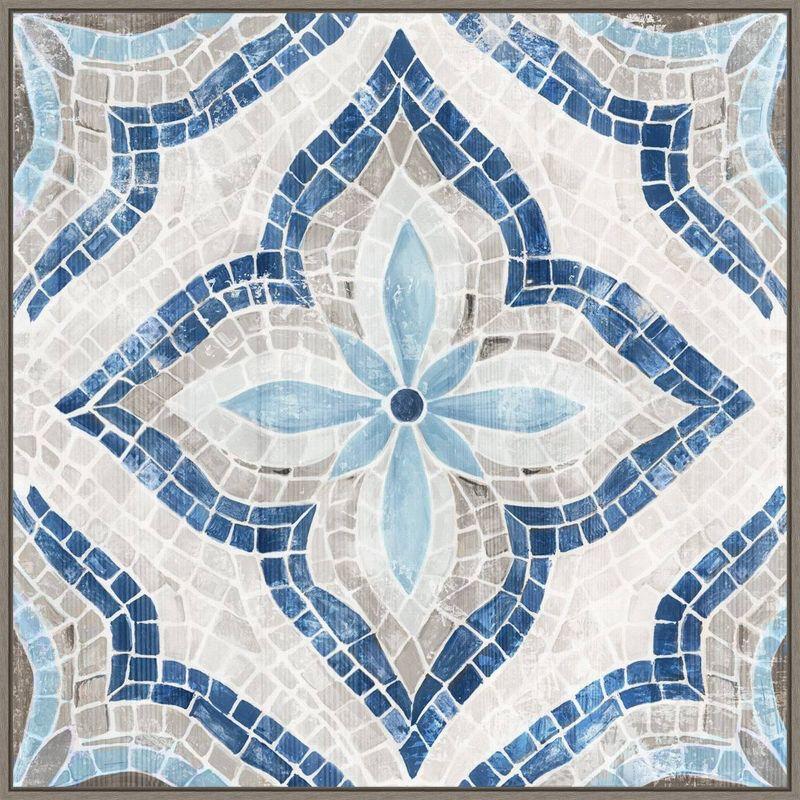 Blue and Beige Moroccan Tile Canvas Wall Art with Greywash Frame