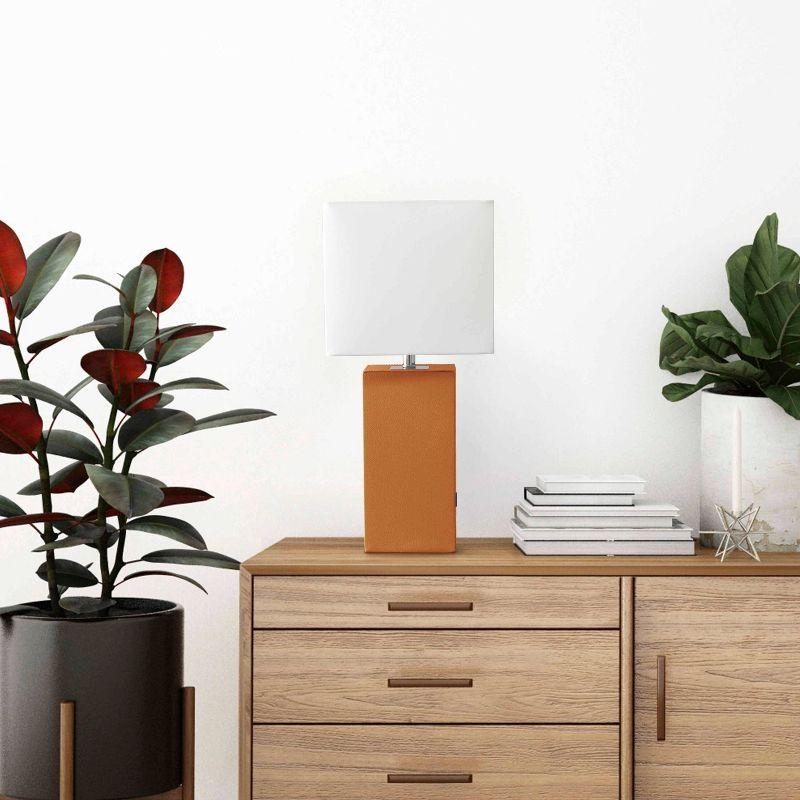 21" Lexington Leather Base Modern Home Decor Bedside Table Lamp with USB Charging Port and Fabric Shade Tan/White - Lalia Home: No Assembly