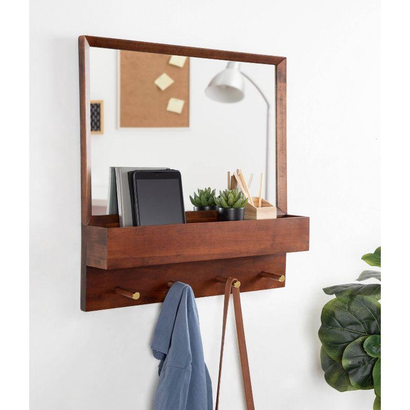 24"x24" Hinter Functional Wall Mirror Walnut Brown - Kate & Laurel All Things Decor: Entryway Organizer, Shelf & Pegs