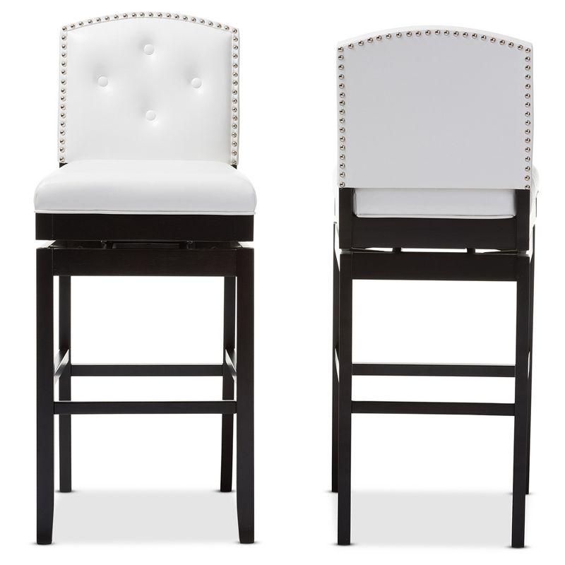 Set of 2 Ginaro Faux Leather Button Tufted Upholstered Swivel Barstools White - Baxton Studio: Nailhead Trim, Rubberwood Frame