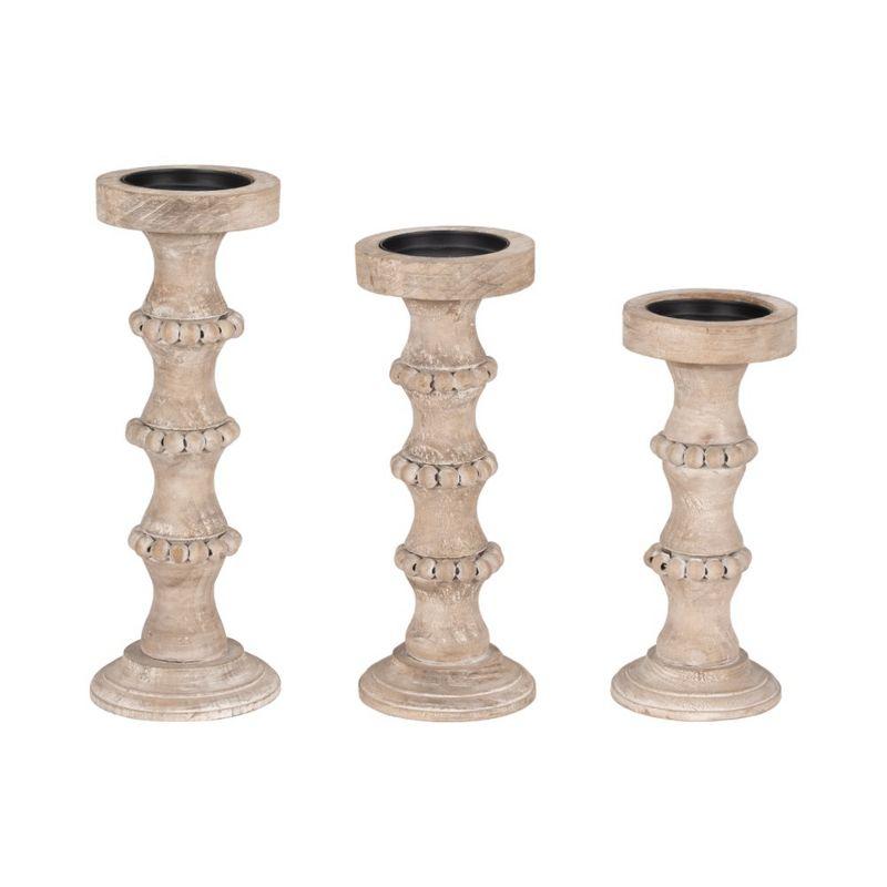 Wood Pillar Candle Holder with Decorative Beads, Antique Finish Candlestick for Home or Wedding Decor, Ivory/Beige