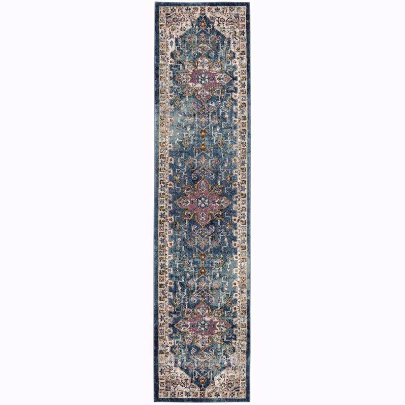 Hand-Knotted Medallion Blue and Cream Synthetic 2'x6' Rug