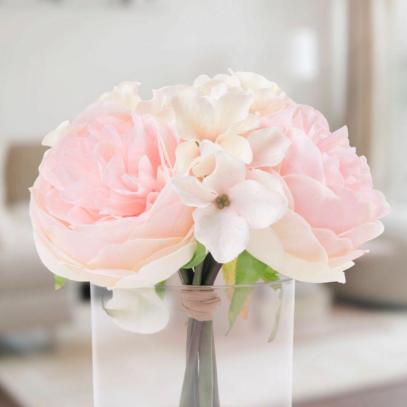 Pink and Cream Rose Hydrangea Bouquet in Clear Glass Vase