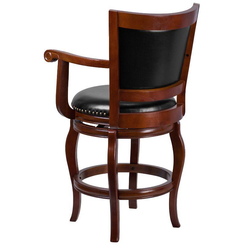 Merrick Lane 26" Cherry Wood Panel Back Counter Stool with Arms and Black Faux Leather Swivel Seat