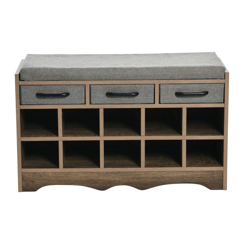 Household Essentials Entryway Storage Bench with 3 Grey Drawers 10 Shoe Compartments and Cushioned Seat in Ashwood Rustic Wood Grain