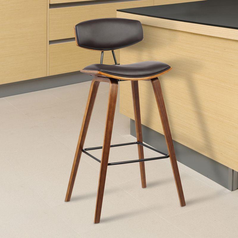 Armen Living 26" Fox Mid-Century Counter Height Barstool in Brown Faux Leather with Walnut Wood: Upholstered Square Seat, Padded Back