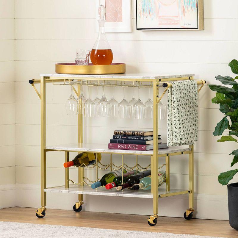 Glam Marble-Top Gold Metal Bar Cart with Wine Glass Storage