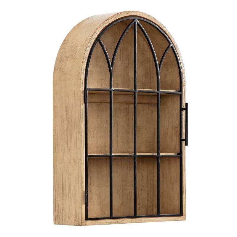 Natural Wood and Black Arched Wall Cabinet with Metal Door