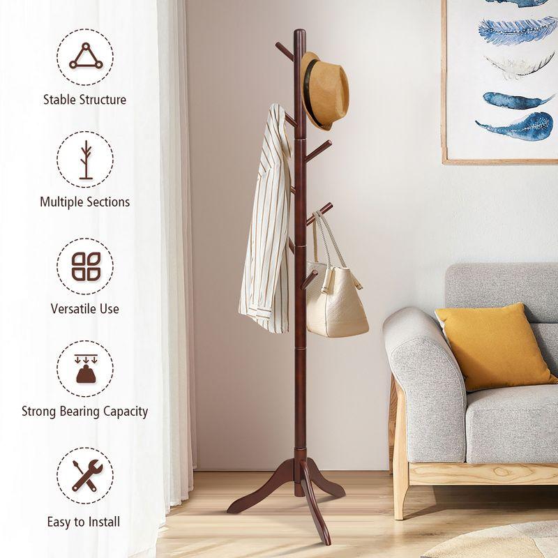 Costway Wooden Coat Rack Stand Entryway Hall Tree 2 Adjustable Height w/ 8 Hooks Gray\Brown