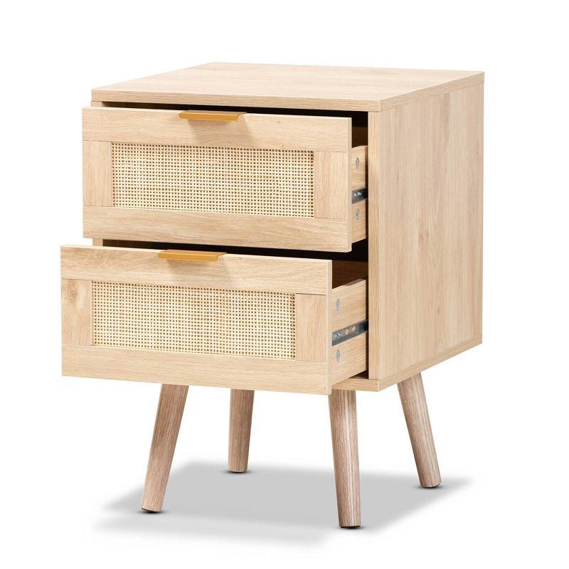 Baird Wood and Rattan 2 Drawer Nightstand Brown - Baxton Studio: Bohemian Style, Gold Tone Handles